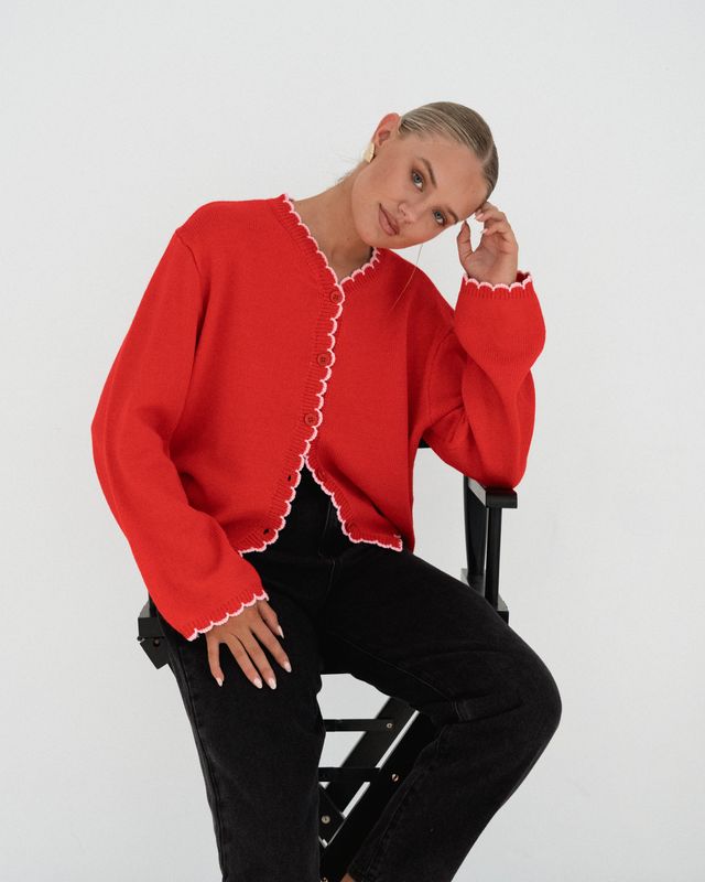 Scallop Edged Cardigan (Red and Pink)