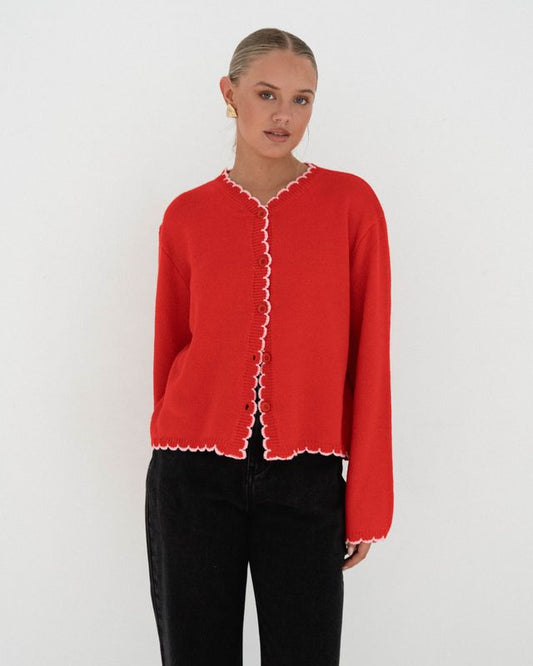 Scallop Edged Cardigan (Red and Pink)