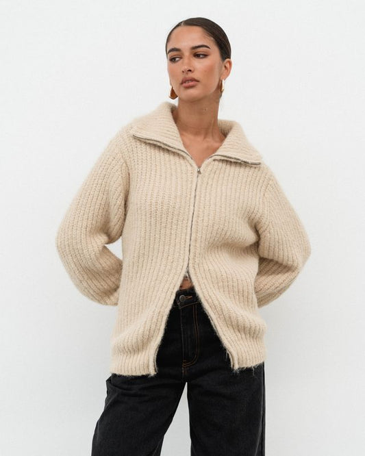White Closet - Beige Zip Knit Jacket
