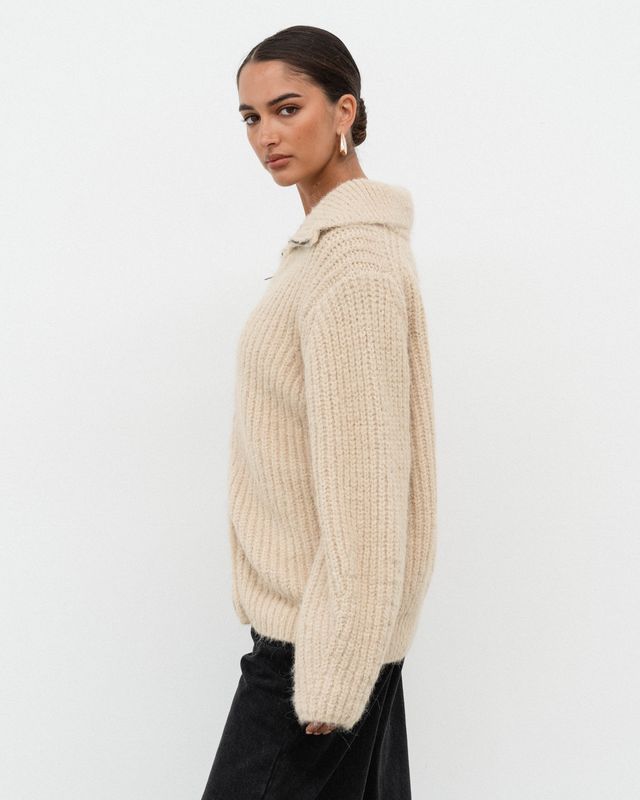 White Closet - Beige Zip Knit Jacket